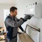 Instalator podczas montażu jednostki wewnętrznej klimatyzacji