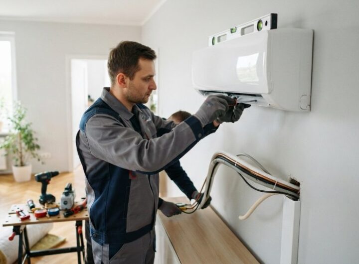Instalator podczas montażu jednostki wewnętrznej klimatyzacji