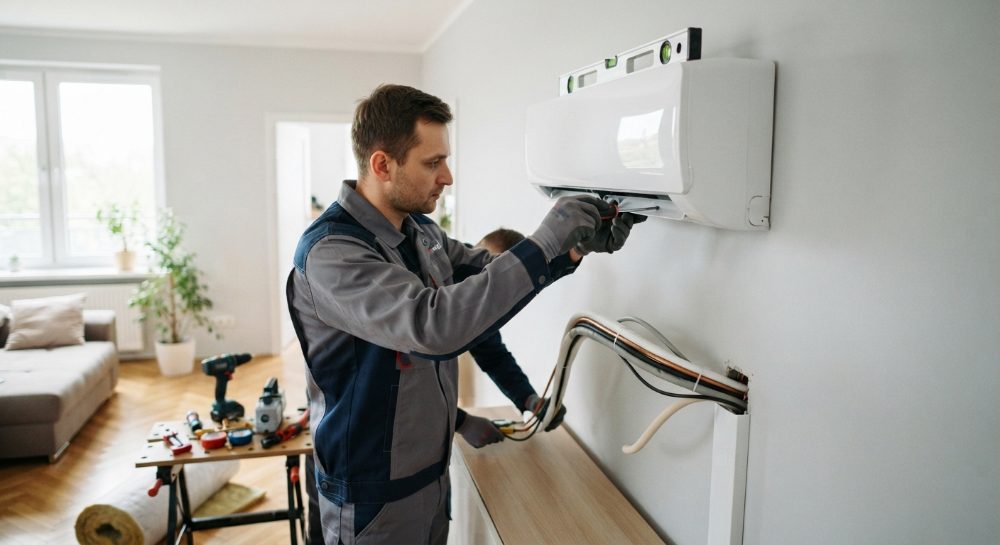 Instalator podczas montażu jednostki wewnętrznej klimatyzacji