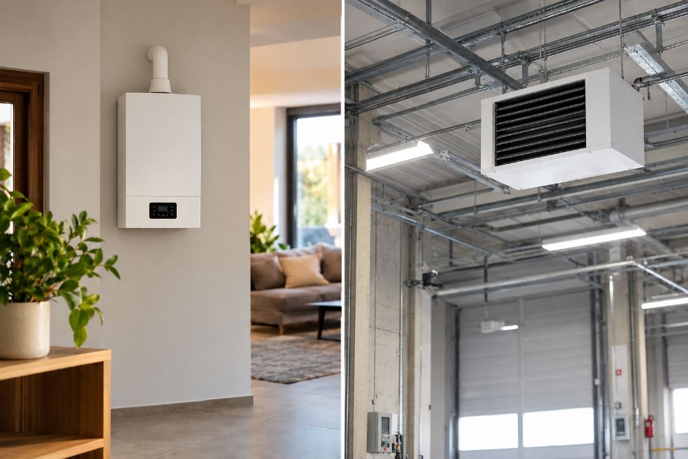 Instalacja ogrzewania w domu zestawiona z systemem grzewczym w hali