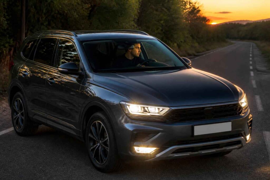 Ciemny SUV z włączonymi światłami na drodze w lesie o zachodzie słońca