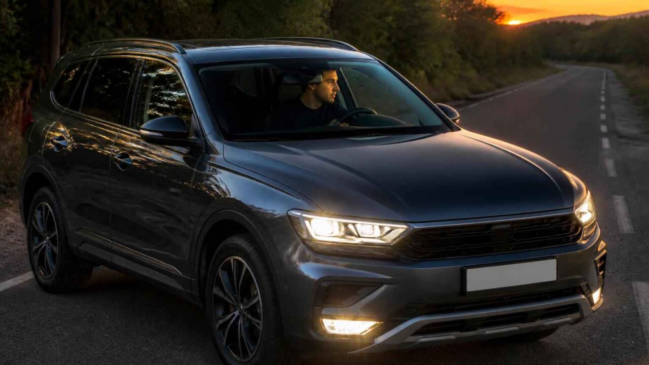 Ciemny SUV z włączonymi światłami na drodze w lesie o zachodzie słońca