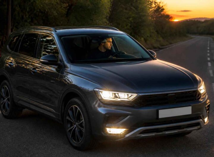 Ciemny SUV z włączonymi światłami na drodze w lesie o zachodzie słońca