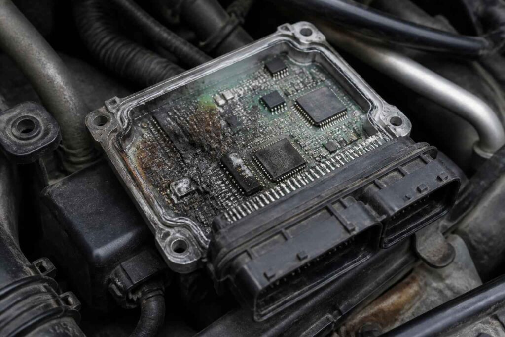 Otwarty moduł sterujący silnika z widocznymi układami elektronicznymi i złączami przewodów