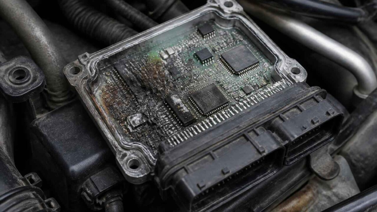Otwarty moduł sterujący silnika z widocznymi układami elektronicznymi i złączami przewodów