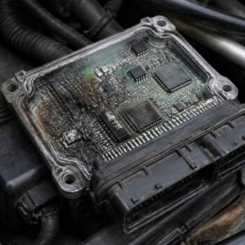 Otwarty moduł sterujący silnika z widocznymi układami elektronicznymi i złączami przewodów