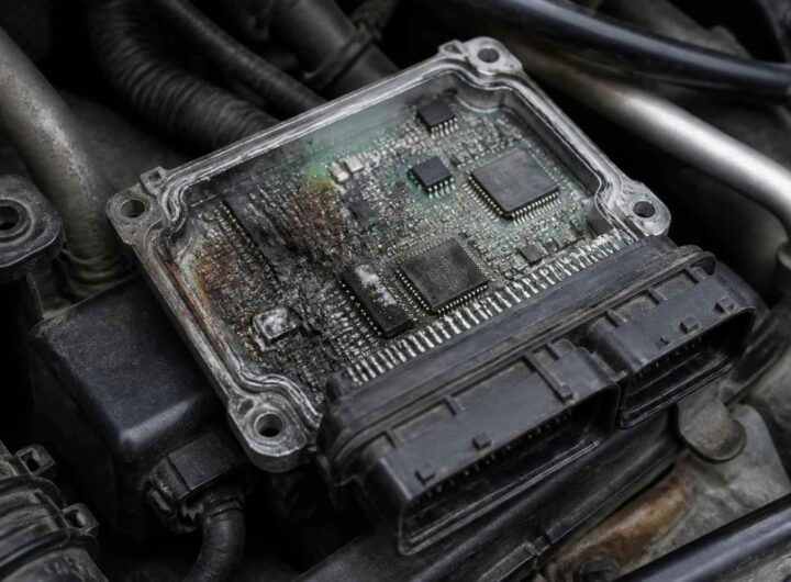 Otwarty moduł sterujący silnika z widocznymi układami elektronicznymi i złączami przewodów