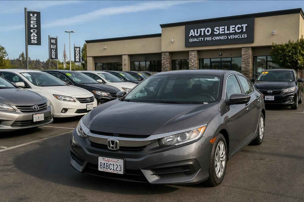 Szary Honda Civic na pierwszym planie przed salonem samochodów używanych Auto Select
