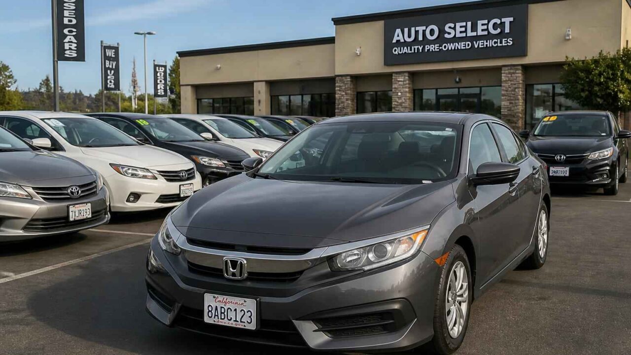 Szary Honda Civic na pierwszym planie przed salonem samochodów używanych Auto Select