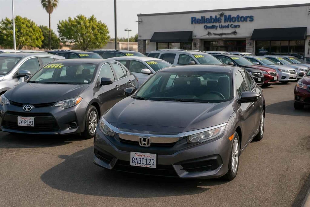 Samochody używane przed salonem Reliable Motors Szary Honda Civic na pierwszym planie przed salonem samochodów używanych Reliable Motors