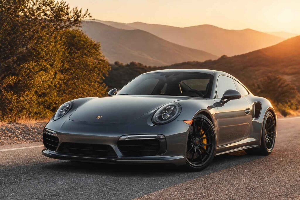Srebrne Porsche 911 zaparkowane na górskiej drodze o zachodzie słońca