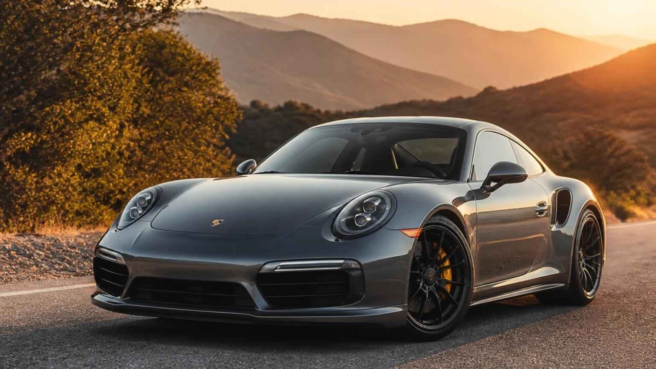 Srebrne Porsche 911 zaparkowane na górskiej drodze o zachodzie słońca