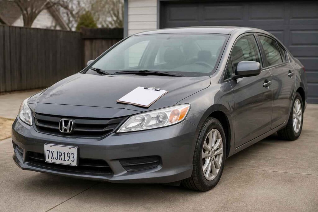 Szara Honda Accord z kartką na masce Szara Honda Accord zaparkowana na podjeździe, z białą kartką na masce