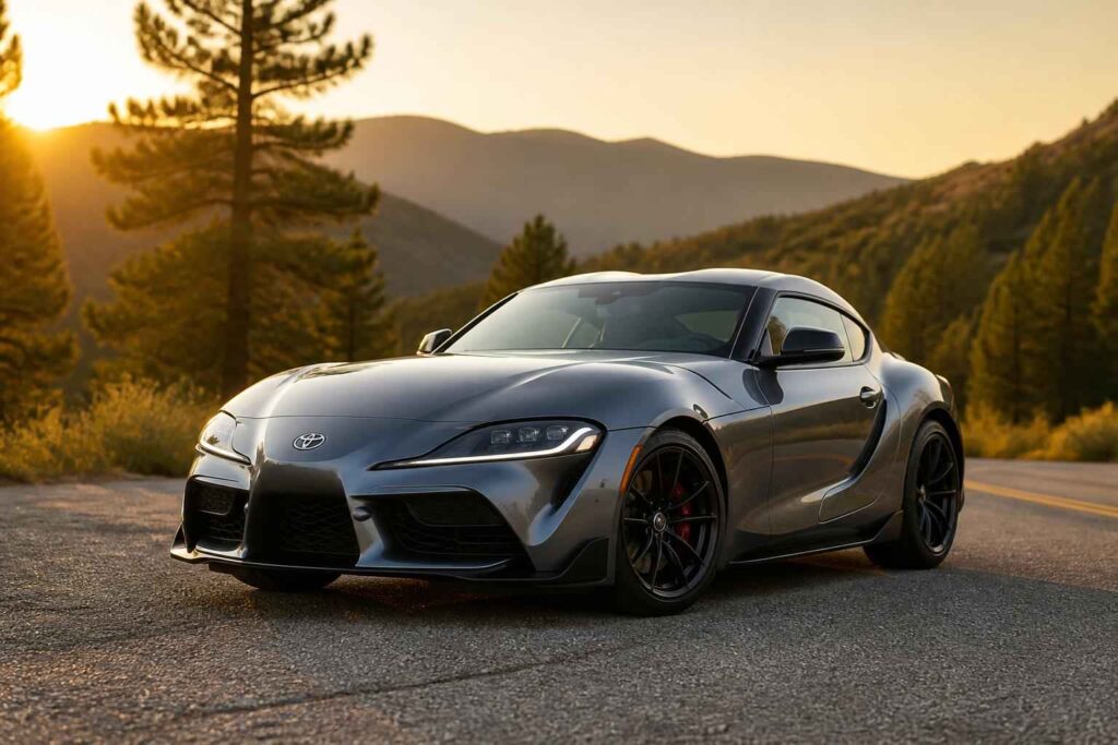 Szare Toyota Supra na alpejskiej trasie Szara Toyota Supra stojąca na górskiej drodze w blasku zachodzącego słońca