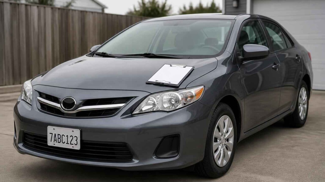 Szary sedan Mazda z kartką za wycieraczką, zaparkowany przed drewnianym ogrodzeniem