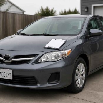 Szary sedan Mazda z kartką za wycieraczką, zaparkowany przed drewnianym ogrodzeniem