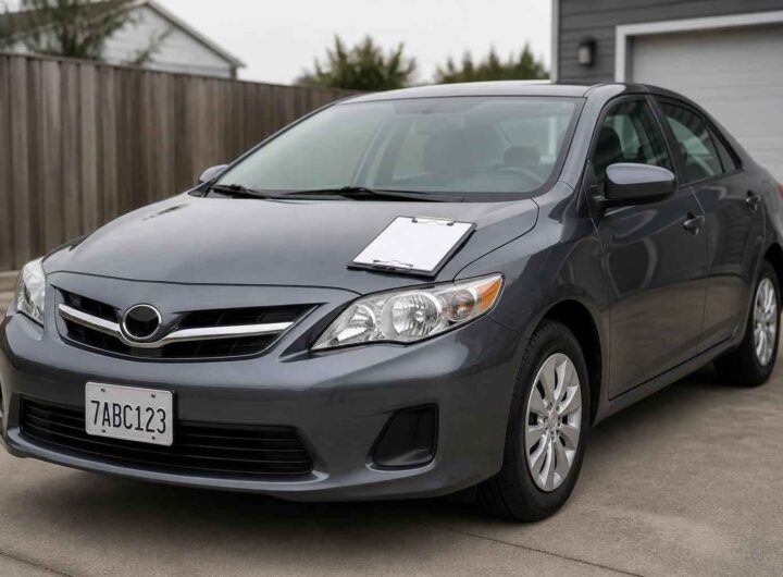 Szary sedan Mazda z kartką za wycieraczką, zaparkowany przed drewnianym ogrodzeniem