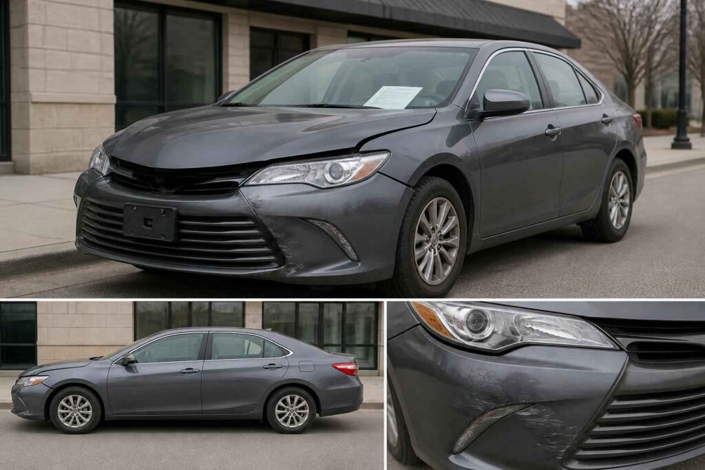 Szary sedan Toyota Camry zaparkowany przed nowoczesnym budynkiem, widok z przodu i z boku