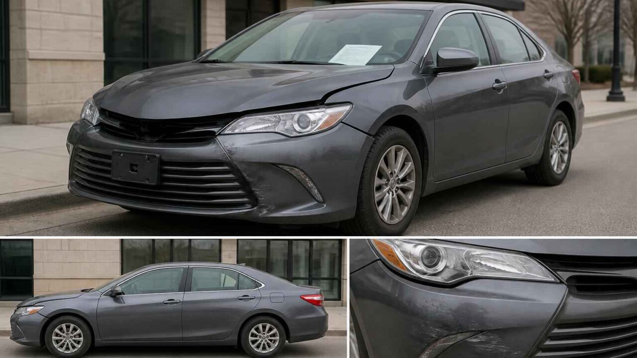 Szary sedan Toyota Camry zaparkowany przed nowoczesnym budynkiem, widok z przodu i z boku