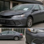 Szary sedan Toyota Camry zaparkowany przed nowoczesnym budynkiem, widok z przodu i z boku